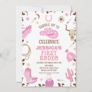 Rosa Brown Cowgirl First Rodeo 1:a födelsedagen Inbjudningar