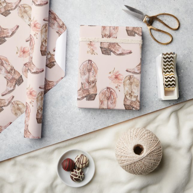 Rosa Brown Cowgirl Southwest Boots Blommigt Presentpapper (Hantverk)