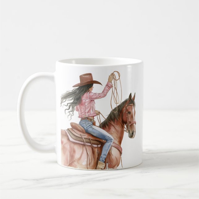 Rosa Brown Cowgirl SouthWestern Horse Black Hair Kaffemugg (Vänster)