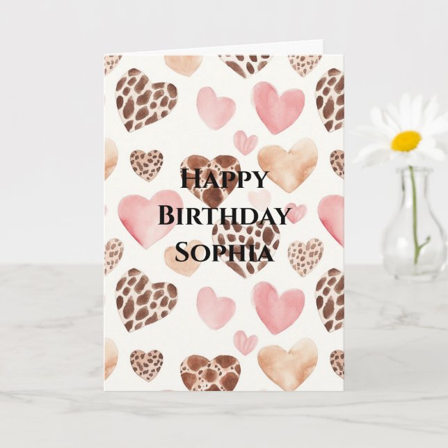 Rosa Brown Cream Leopard Animal Hearts Birthday Kort (Liten växt)