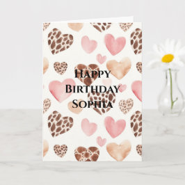 Rosa Brown Cream Leopard Animal Hearts Birthday Kort