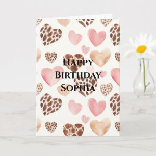 Rosa Brown Cream Leopard Animal Hearts Birthday Kort