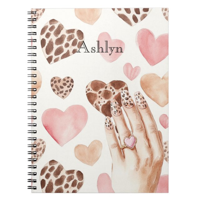 Rosa Brown Cream Leopard Animal Hearts Hand Anteckningsbok (Framsidan)