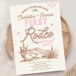 Rosa Brown First Rodeo Joint Twillingars 1st Birth Inbjudningar