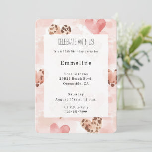Rosa Brown Hearts Leopard Animal Print Birthday Inbjudningar