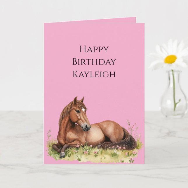 Rosa Brown Horse Birthday Kort (Liten växt)