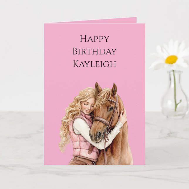 Rosa Brown Horse Blond Hair Girl Birthday Kort (Liten växt)