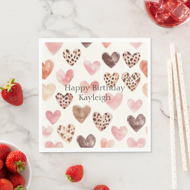 Rosa Brown Leopard Print Hearts Birthday Pappersservett (Insitu)
