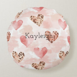Rosa Brown Leopard Print Hearts Birthday Rund Kudde