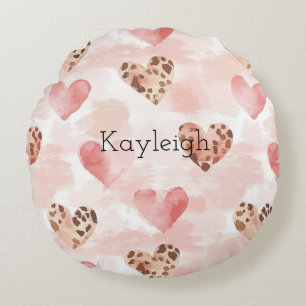 Rosa Brown Leopard Print Hearts Birthday Rund Kudde