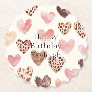 Rosa Brown Leopard Print Hearts Birthday Underlägg Papper