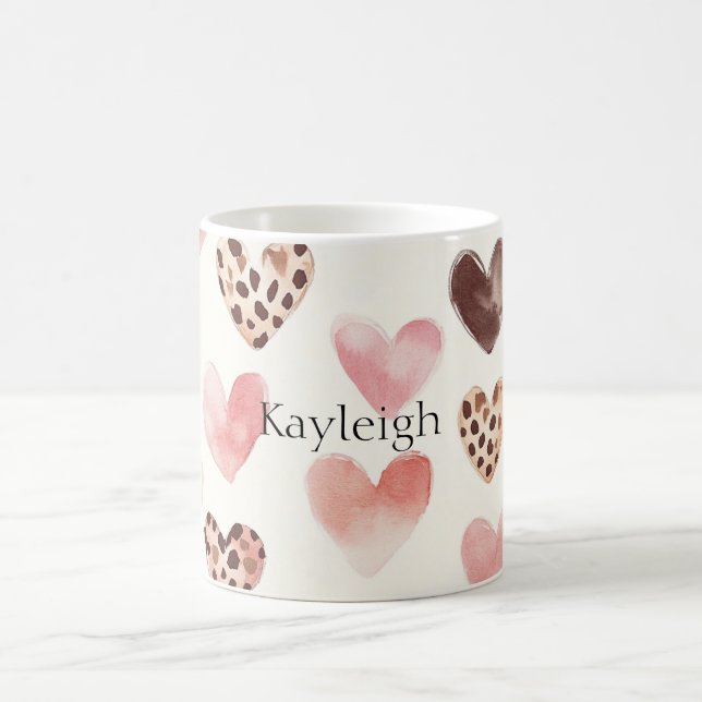 Rosa Brown Leopard Print Hearts Kaffemugg (Center)