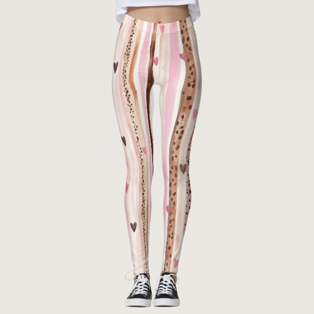 Rosa Brown Leopard Print Hearts Rand Leggings (Framsida)