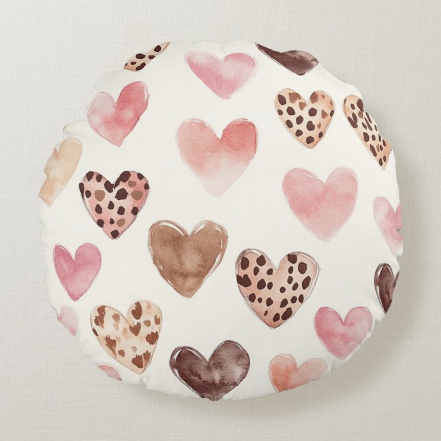 Rosa Brown Leopard Print Hearts Rund Kudde (Framsidan)