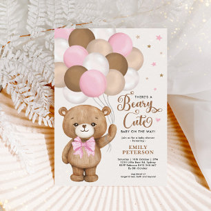 Rosa Brown Nalle Balloons Girl Baby Shower Inbjudningar