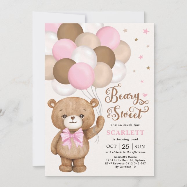 Rosa Brown Nalle med Balloons Girl Birthday Inbjudningar (Framsida)