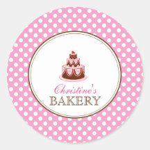 Rosa & Brown Polka dots Cake Bakery Sticker LABEL
