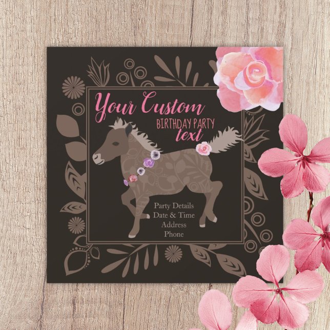 Rosa & Brown Pony-inbjudan Inbjudningar (brown pink galloping pony ponies birthday party invitation girls pony themed pony ride floral roses)