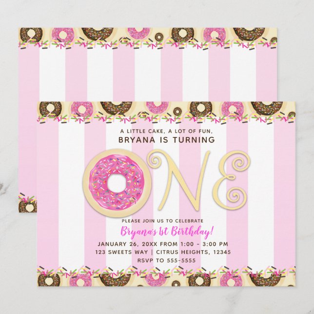 Rosa Brown Sprinkle Donuts ONE 1ST Birthday Party Inbjudningar (Fram/baksida)