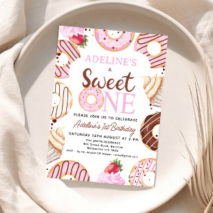 Rosa Brown Sweet One Donut Birthday Call Inbjudningar