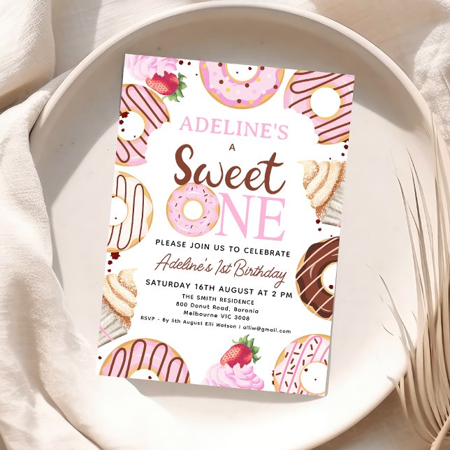 Rosa Brown Sweet One Donut Birthday Call Inbjudningar (Editable Girls Donut Sweet One Birthday Party Invitation Template. Printable Baby Girls 1st Birthday)