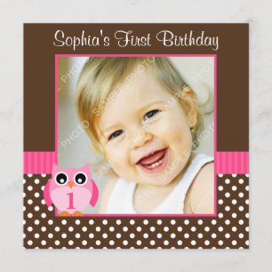 Rosa Brown Uggla Polka Dot 1st Birthday Girl Foto Inbjudningar