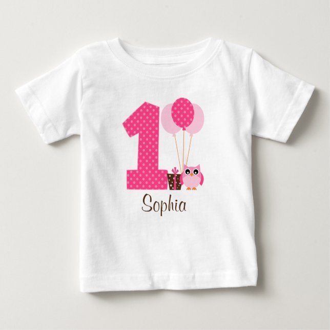 Rosa Brown Uggla Polka Dot 1st Birthday Girl Tee Shirt (Framsida)