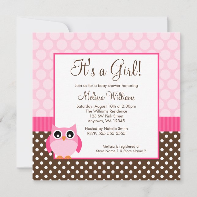 Rosa Brown Uggla Polka Dot Girl Baby Shower Inbjudningar (Framsida)