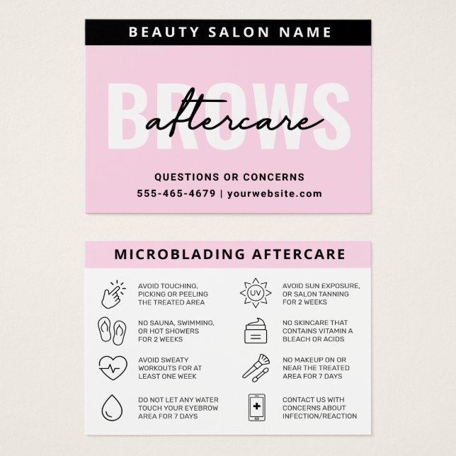 Rosa Brows Aftercare PMU Brow Instructions Card Visitkort (Framsida & baksida)