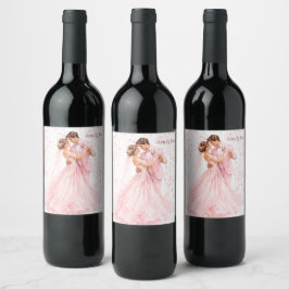 Rosa brud & Groom Dansar Bröllopsvin Vinflaska Etikett