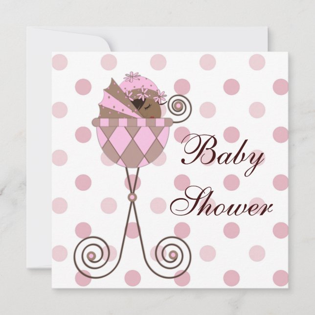 Rosa Brun Afroamerikansk Babyflicka Bebis Shower Inbjudningar (Framsida)