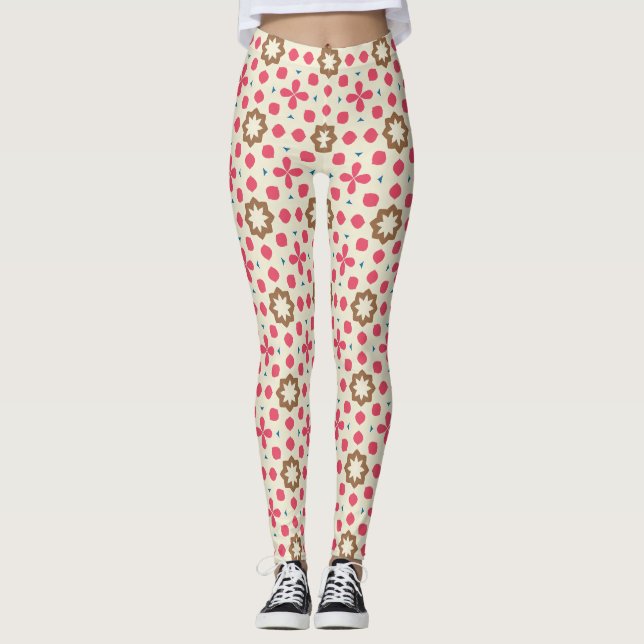 Rosa Brun Blommig Geometrisk Mönster Leggings (Framsida)