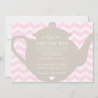 Rosa & brun Chevron High Tea Baby Shower Inbjudan