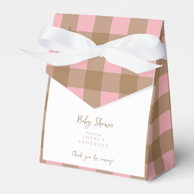Rosa & Brun Gingham Tacksamhetslåda för Babyfest Presentaskar (Framsidan Sidan)