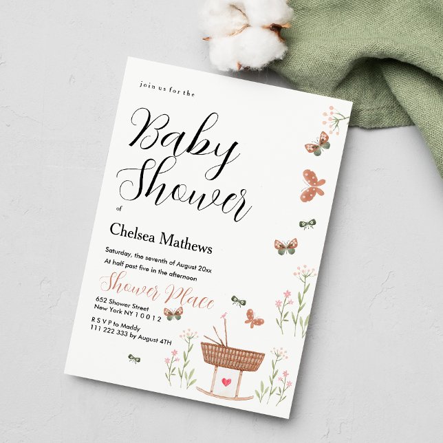 Rosa brun grönt butterfly blommigt Baby Shower Inbjudningar (Pink brown green butterfly floral Baby Shower)