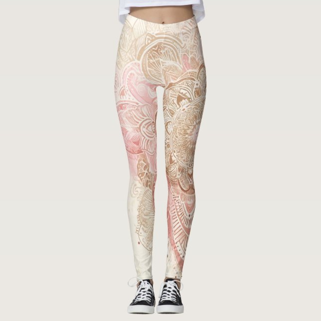 Rosa Brun Kräm Mandala Boheme Boho Mode Leggings (Framsida)