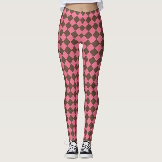 Rosa Brun Rutig Diamantmönster Leggings (Framsida)