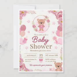 Rosa & Brun Teddybjörn Flicka Bebis Bjudan Inbjudningar
