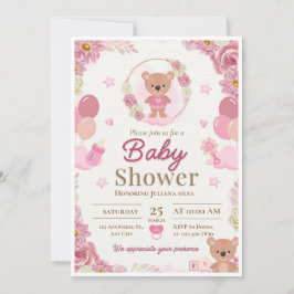 Rosa & Brun Teddybjörn Flicka Bebis Shower Inbjuda Inbjudningar
