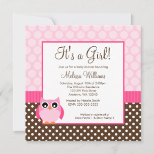 Rosa Brun Uggla Prickig Flickig Bebis Baby Shower Inbjudningar