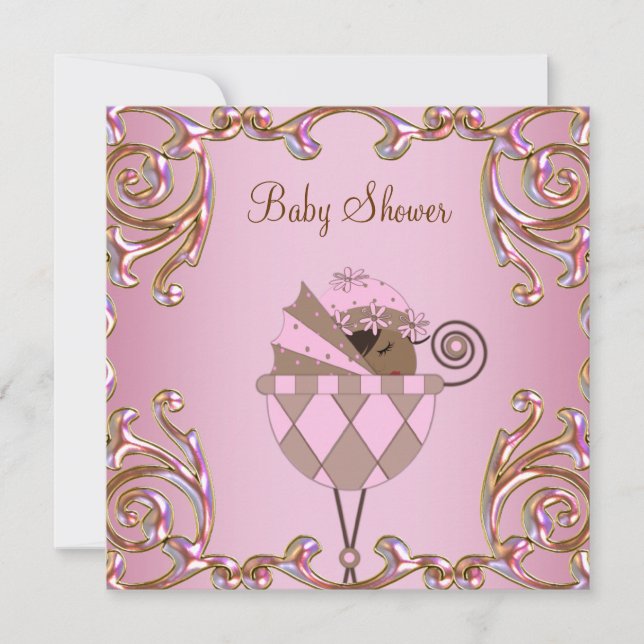 Rosa Bruna Guld Spets Babyflicka Shower Inbjudning Inbjudningar (Framsida)