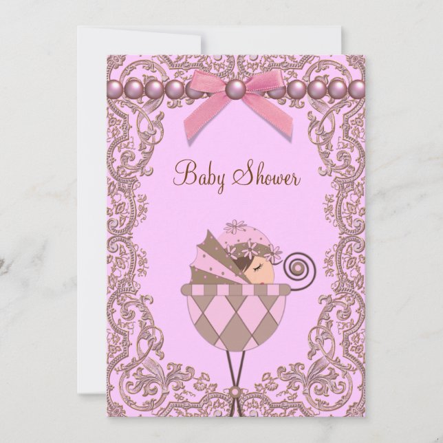 Rosa bruna pärlor spets flicka baby shower inbjudningar (Framsida)