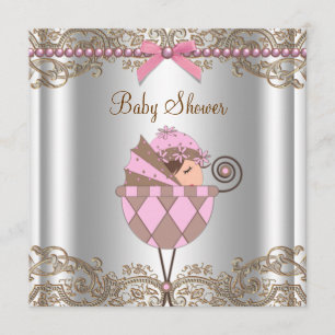 Rosa bruna pärlor spets flicka baby shower inbjudningar