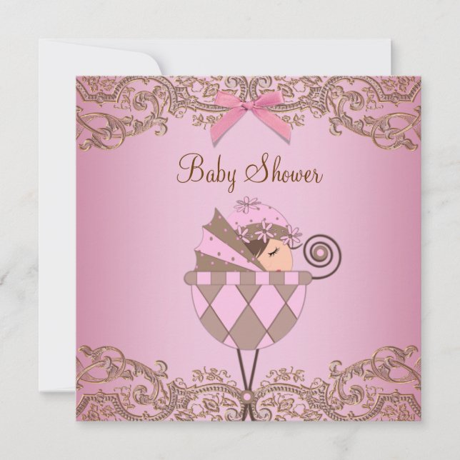 Rosa bruna spets flicka baby shower inbjudningar (Framsida)