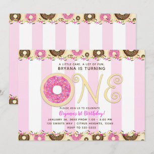 Rosa bruna strössel donuts ONE 1ST födelsedagsfest Inbjudningar