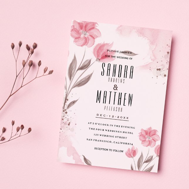 rosa bruna vattenfärgsblommor Bröllop Inbjudningar (Blush pink brown watercolor flowers Wedding)