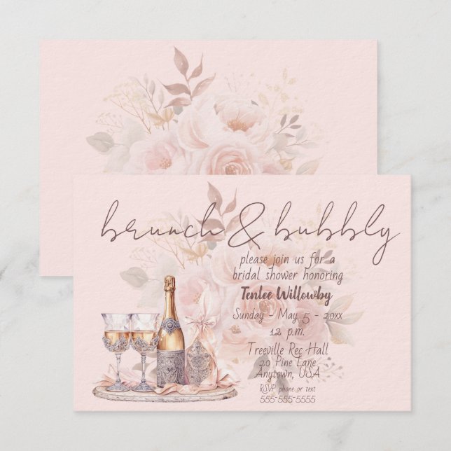 Rosa Brunch & Bubbly Bröllopsdusch Inbjudningar (Fram/baksida)