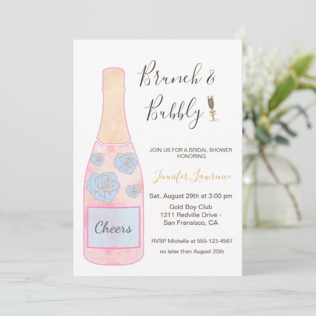 Rosa Brunch Bubbly Champagneflaska Bröllopsdusch Inbjudningar (Stående Fram)