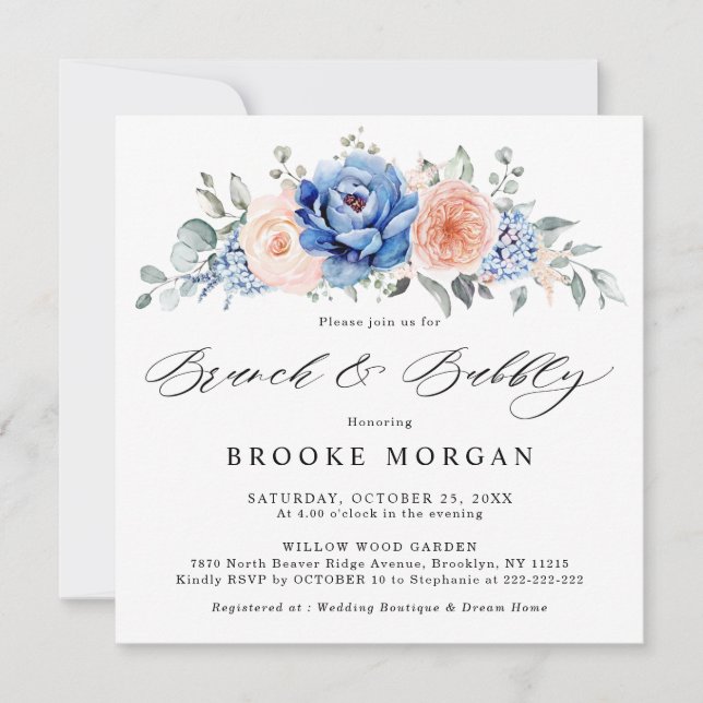  Rosa Brunch & Bubly Blue Slate Dusty Inbjudningar (Framsida)