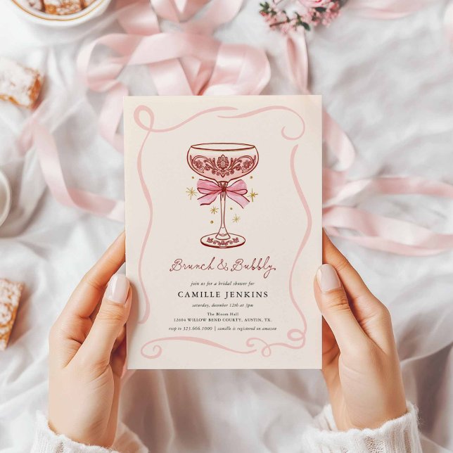 Rosa Brunch och Bubbly Bröllopsfestinbjudan Inbjudningar (Pink and Burgundy Hand Drawn Brunch and Bubbly Bridal Shower Invitation)